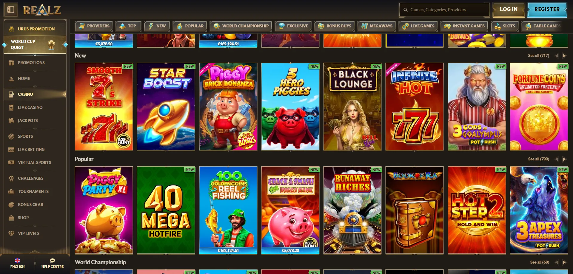 Catalogo slot e casino games su Realz Casino Italia &mdash; migliaia di titoli