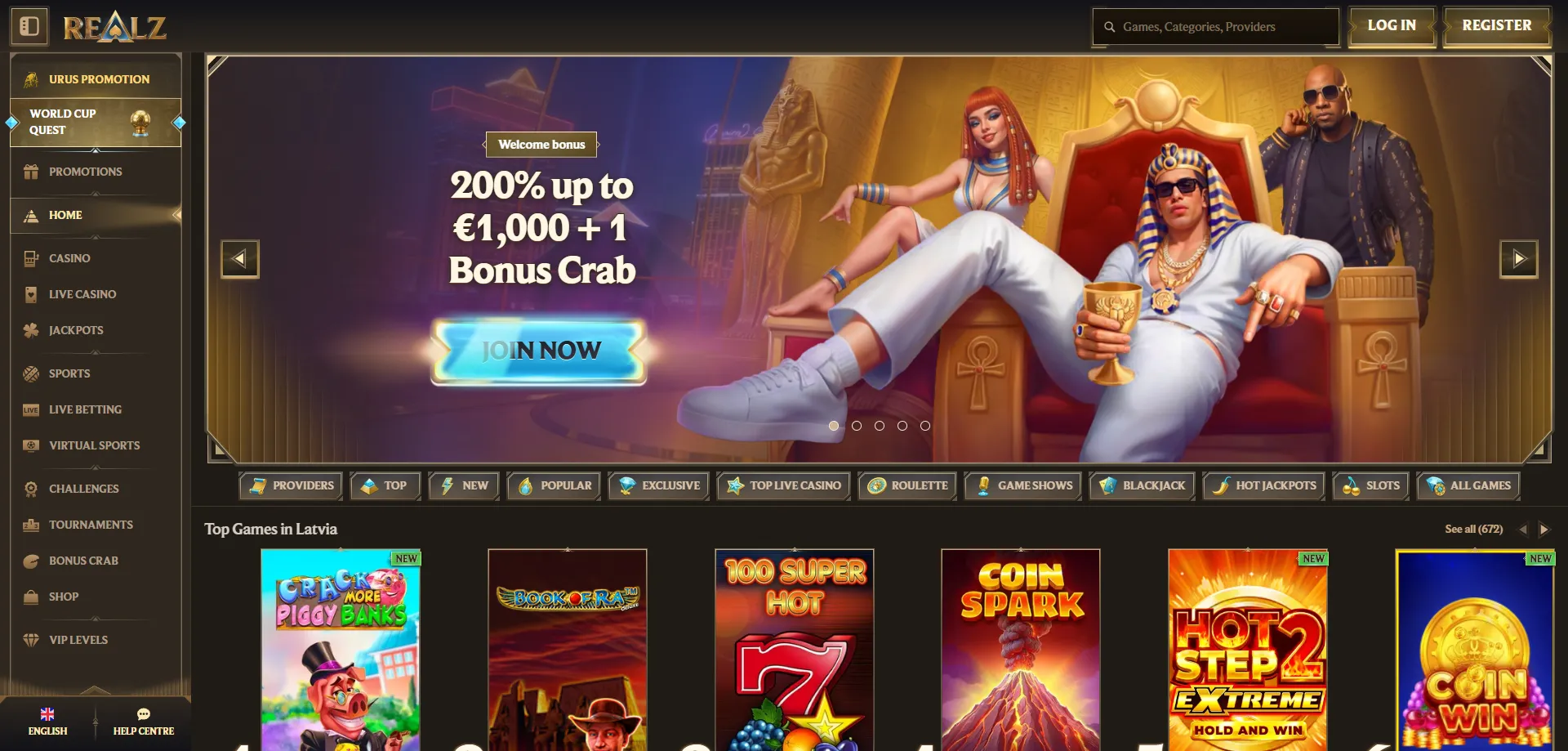 Realz Casino bonus di benvenuto 100% fino a &euro;500 e 200 giri gratuiti